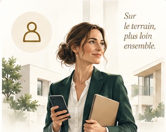 Agent immobilier avec smartphone et dossier sur le terrain